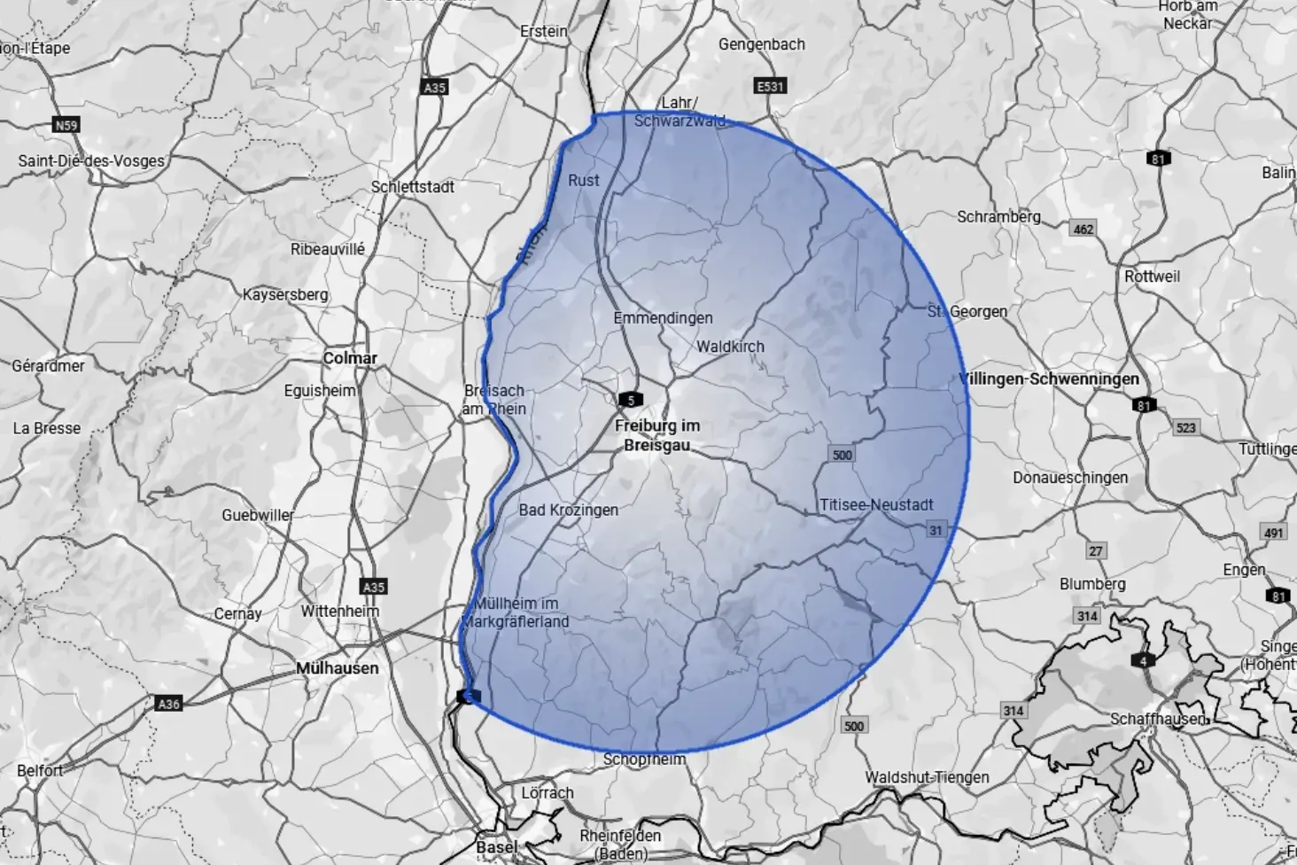 Karte die das Servicegebiet der ReSys AG in und um Oberkirch zeigt